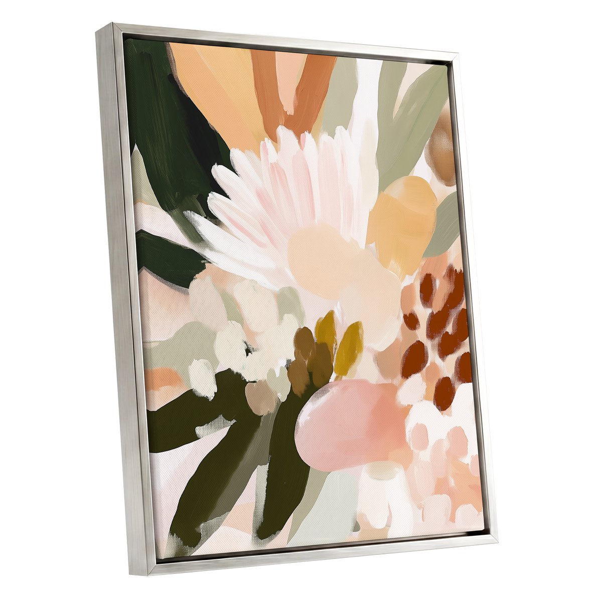 Blush Meadow, green, pink, white floral wall art shown as a silver framed canvas wall art