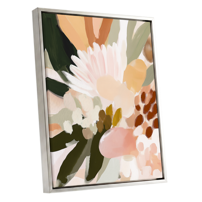 Blush Meadow, green, pink, white floral wall art shown as a silver framed canvas wall art