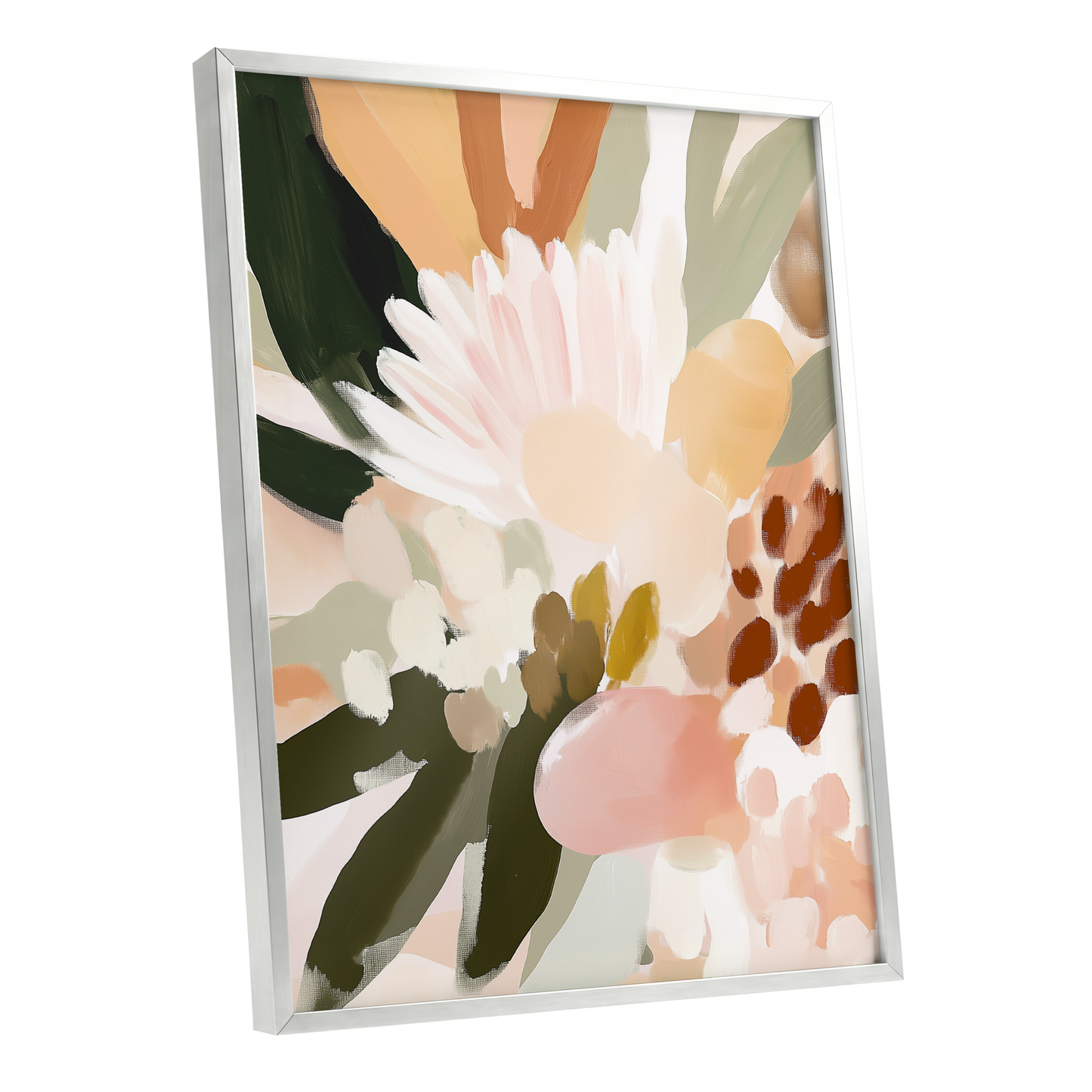 Blush Meadow, green, pink, white floral wall art shown as a silver framed poster wall art print