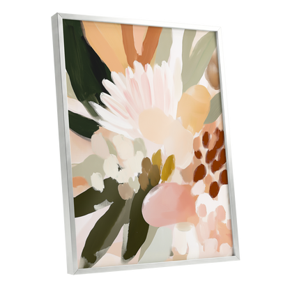 Blush Meadow, green, pink, white floral wall art shown as a silver framed poster wall art print