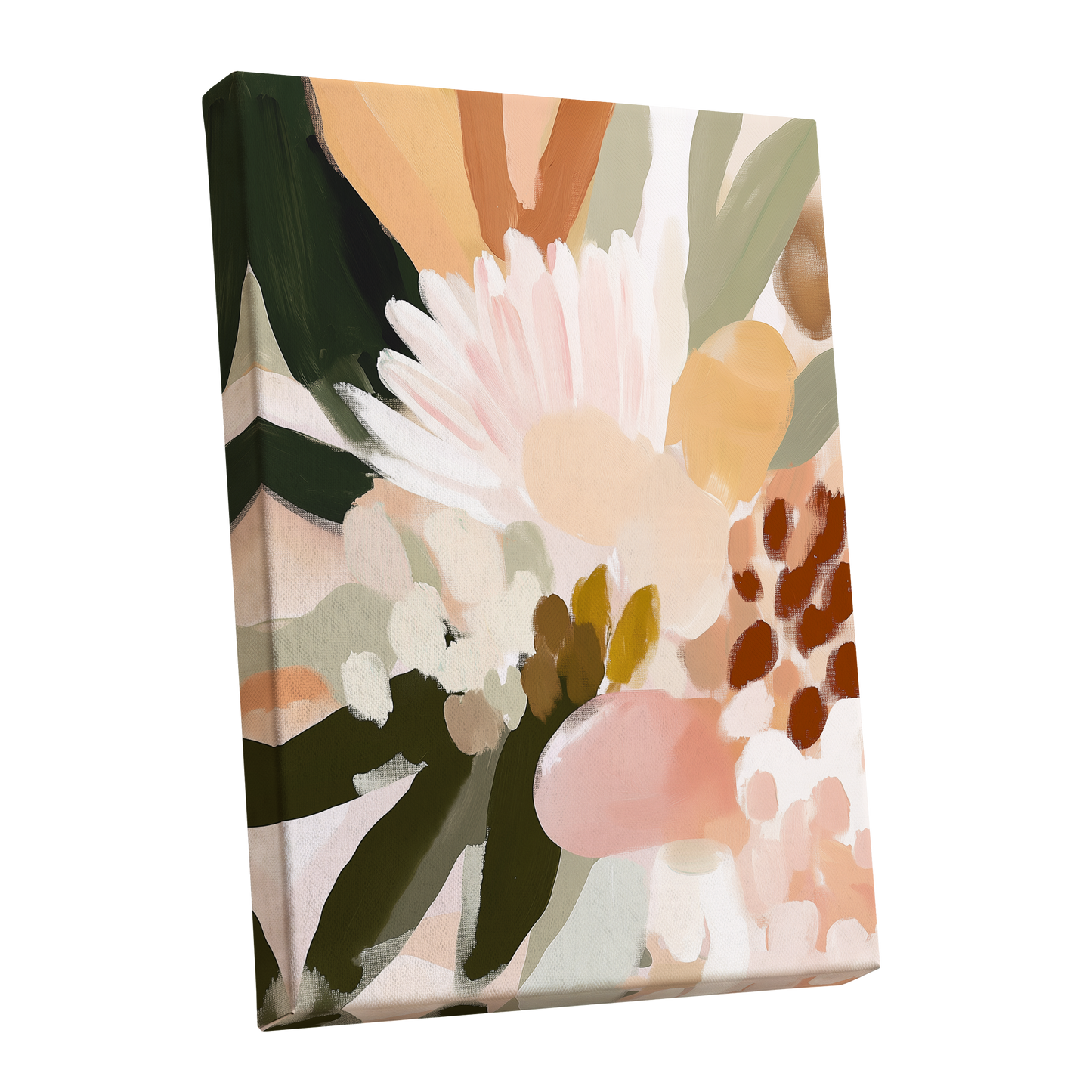 Blush Meadow, green, pink, white floral wall art shown as a stretched canvas wall art