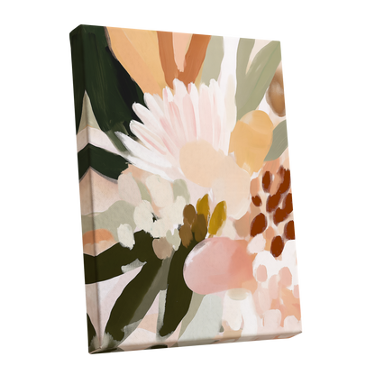 Blush Meadow, green, pink, white floral wall art shown as a stretched canvas wall art