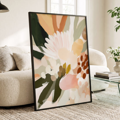 Blush Meadow, green, pink, white floral wall art displayed in a styled interior, gallery view 2