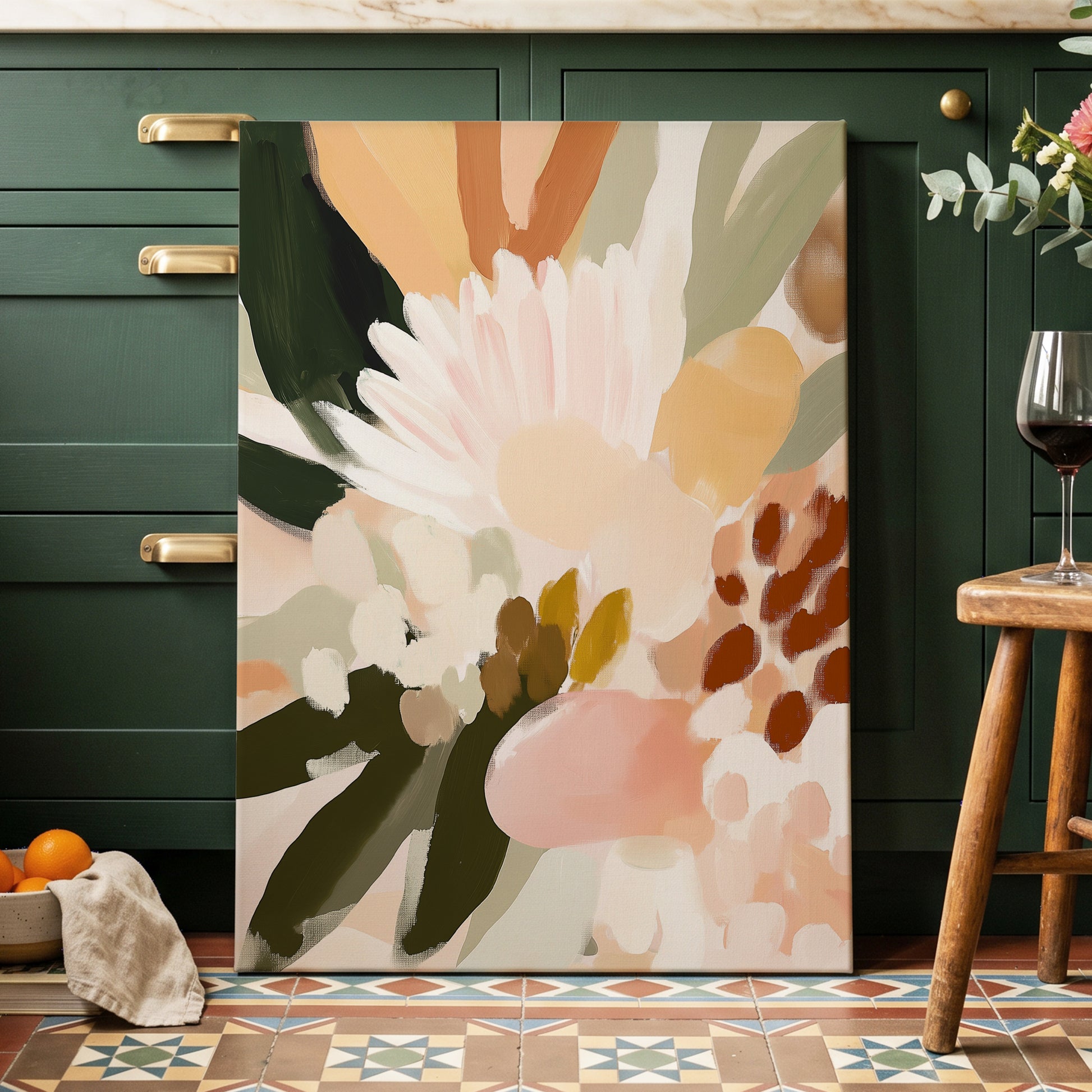 Blush Meadow, green, pink, white floral wall art displayed in a styled interior, gallery view 3