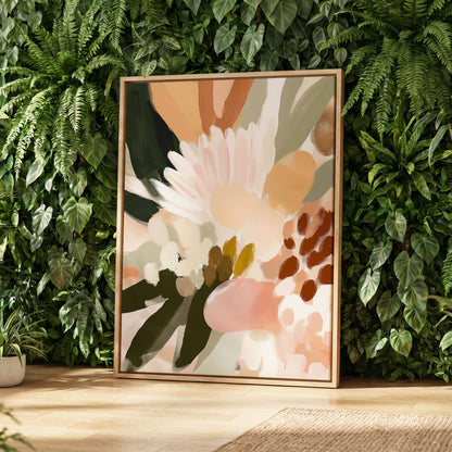 Blush Meadow, green, pink, white floral wall art displayed in a styled interior, gallery view 4