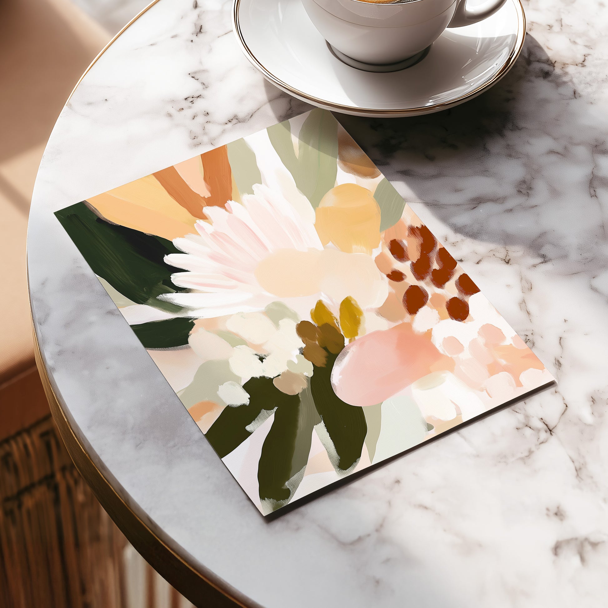 Blush Meadow, green, pink, white floral wall art displayed in a styled interior, gallery view 5