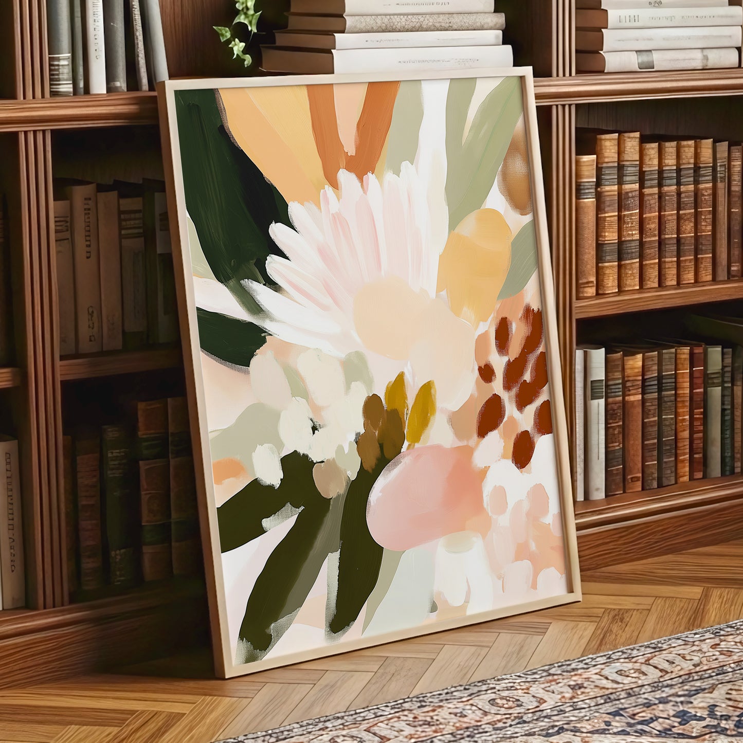 Blush Meadow, green, pink, white floral wall art displayed in a styled interior, gallery view 6