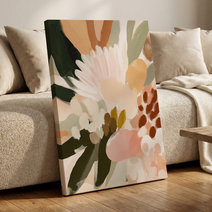 Blush Meadow, green, pink, white floral wall art displayed in a styled interior, gallery view 7