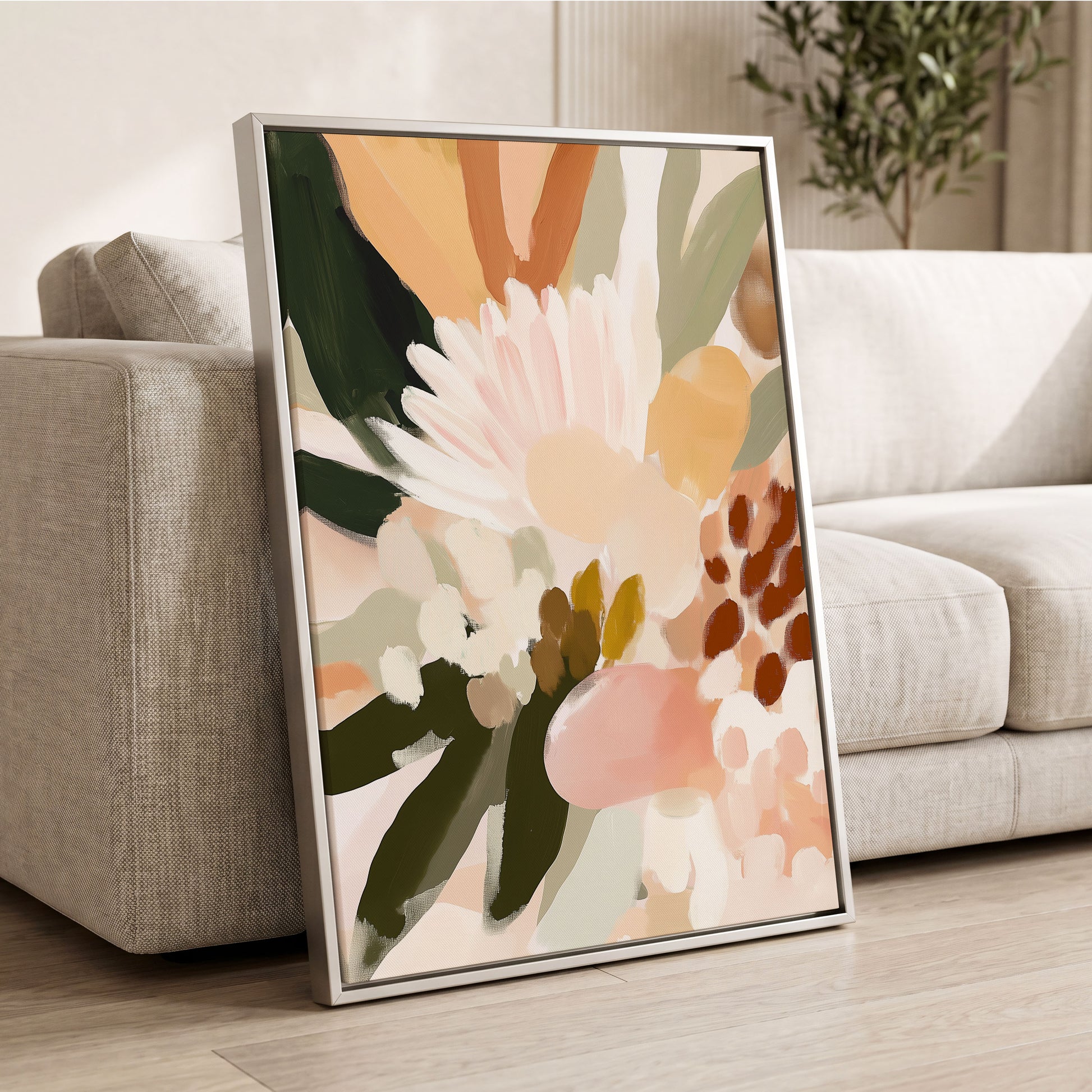 Blush Meadow, green, pink, white floral wall art displayed in a styled interior, gallery view 8