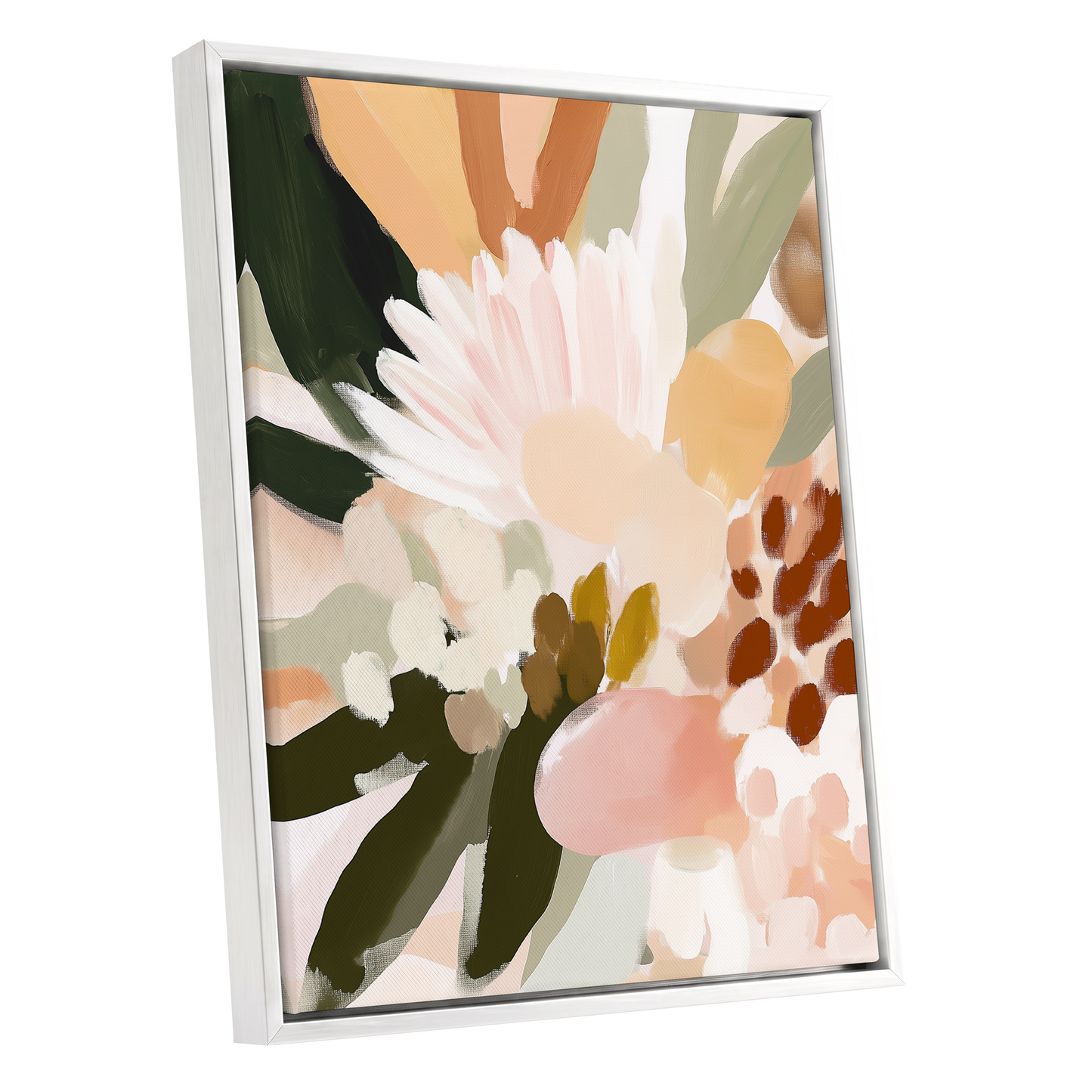 Blush Meadow, green, pink, white floral wall art shown as a white framed canvas wall art