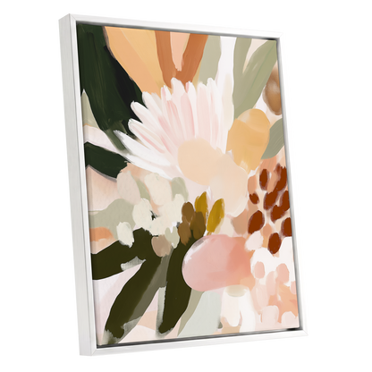 Blush Meadow, green, pink, white floral wall art shown as a white framed canvas wall art