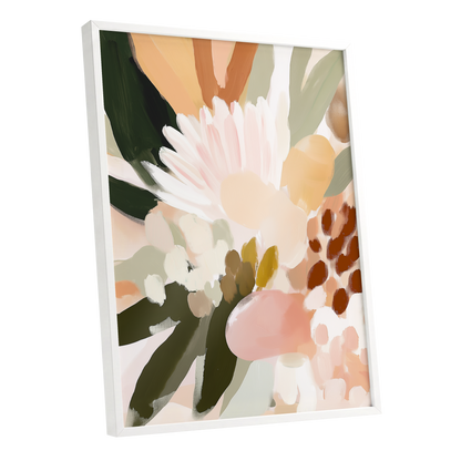 Blush Meadow, green, pink, white floral wall art shown as a white framed poster wall art print