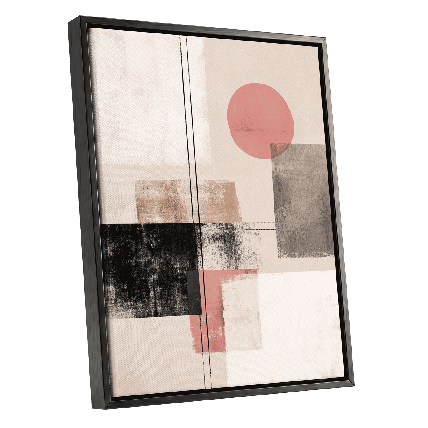 Blush Meridian, beige, pink, black abstract wall art shown as a black framed canvas wall art