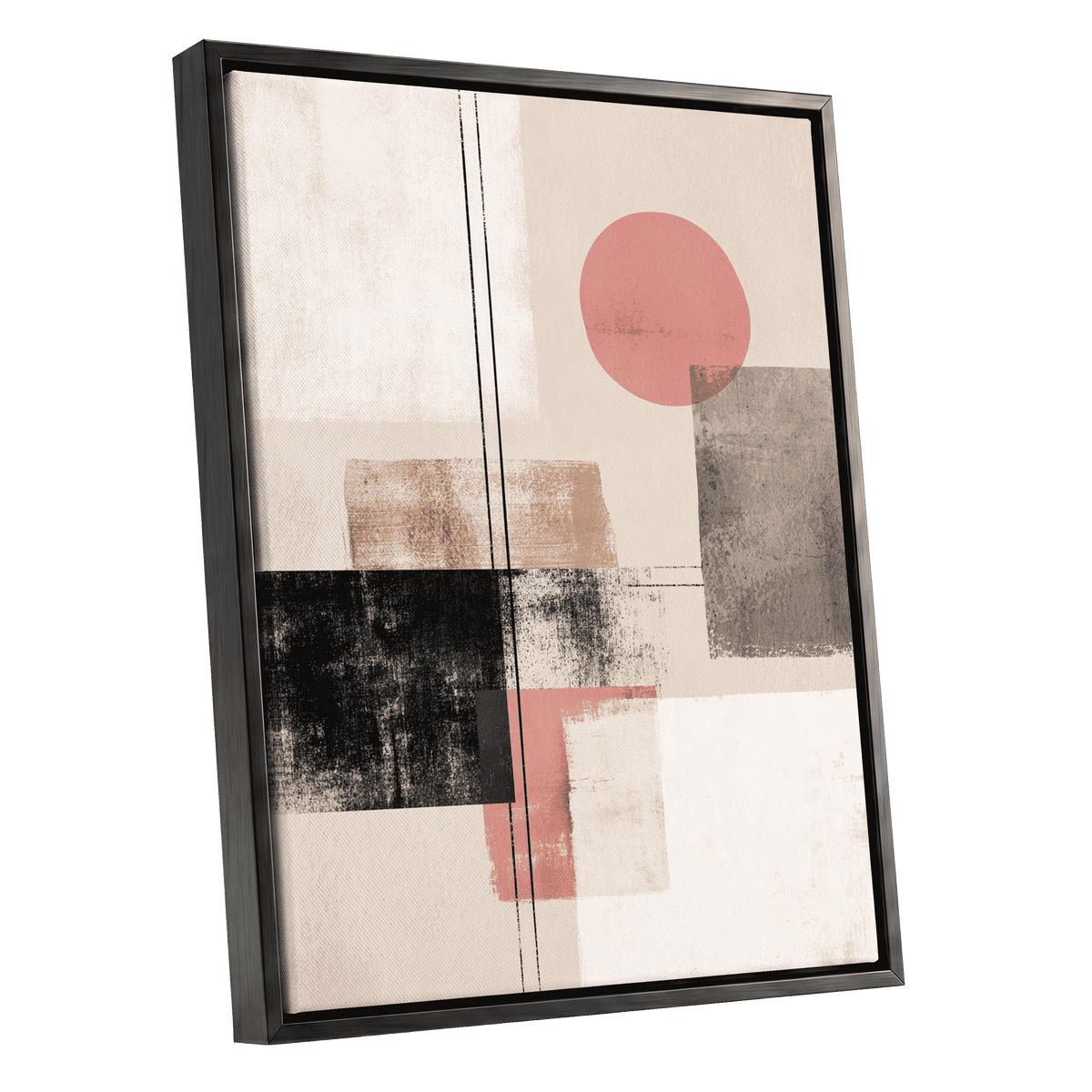 Blush Meridian, beige, pink, black abstract wall art shown as a black framed canvas wall art