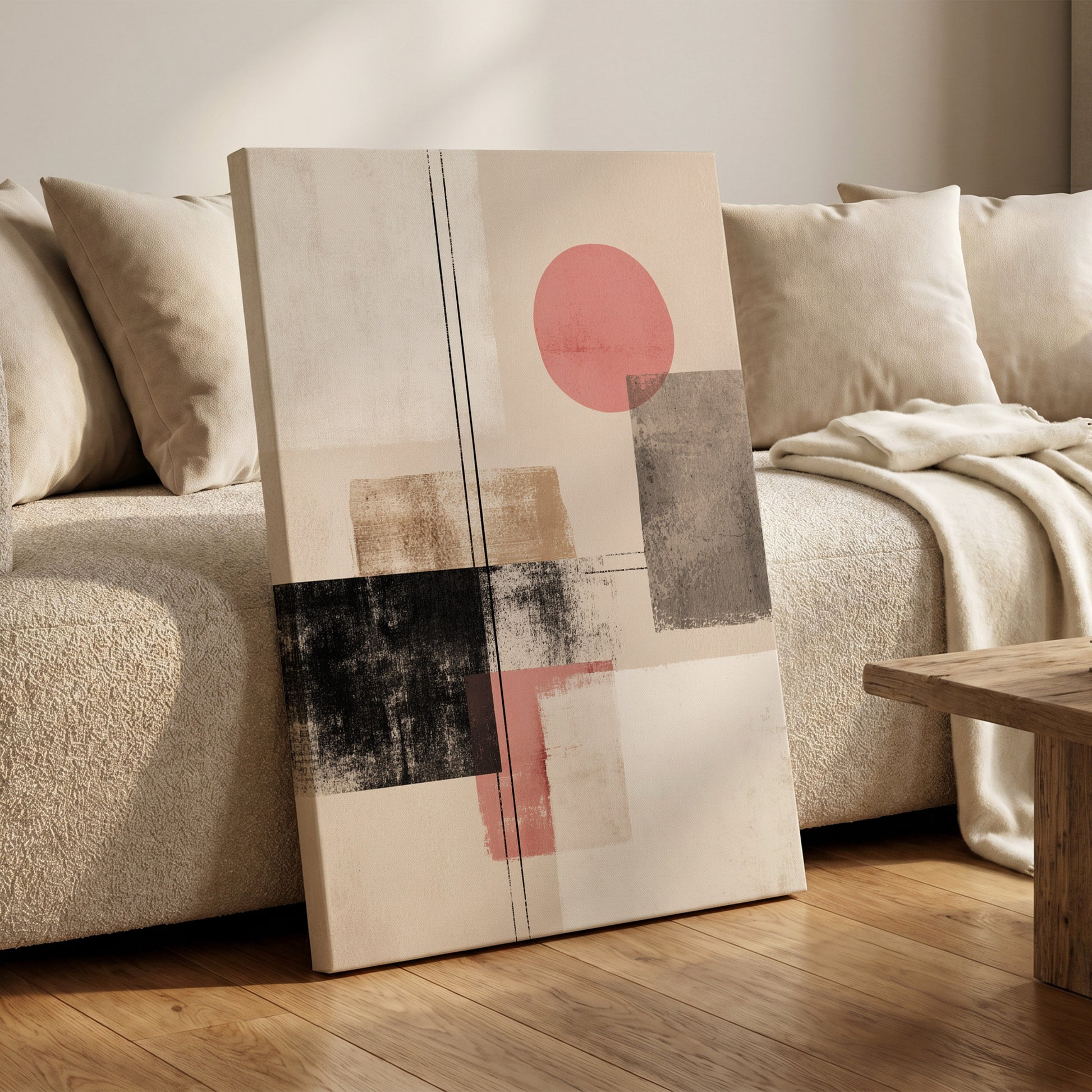 Blush Meridian, beige, pink, black abstract wall art on canvas displayed in a styled interior, gallery view 1