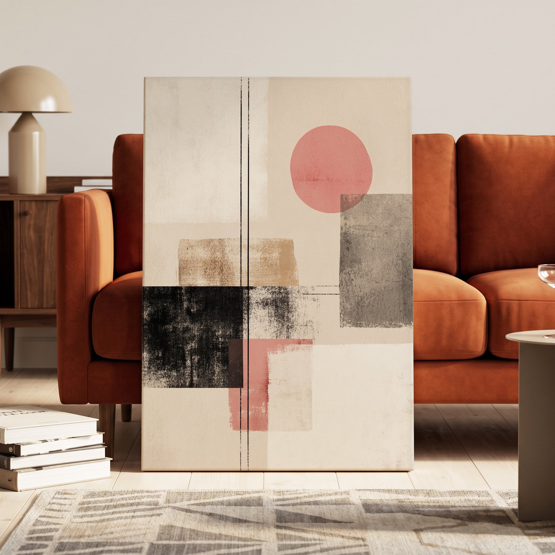 Blush Meridian, beige, pink, black abstract wall art on canvas displayed in a styled interior, gallery view 2