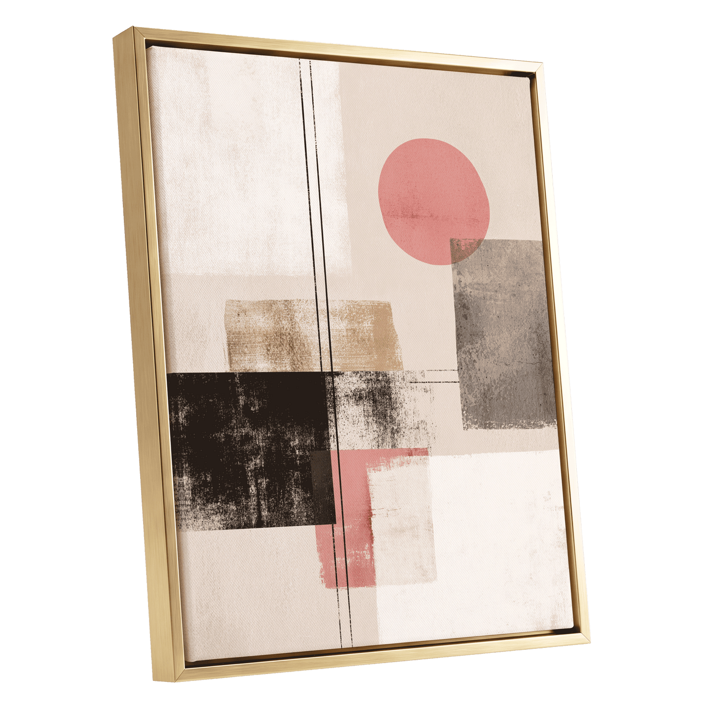 Blush Meridian, beige, pink, black abstract wall art shown as a gold framed canvas wall art