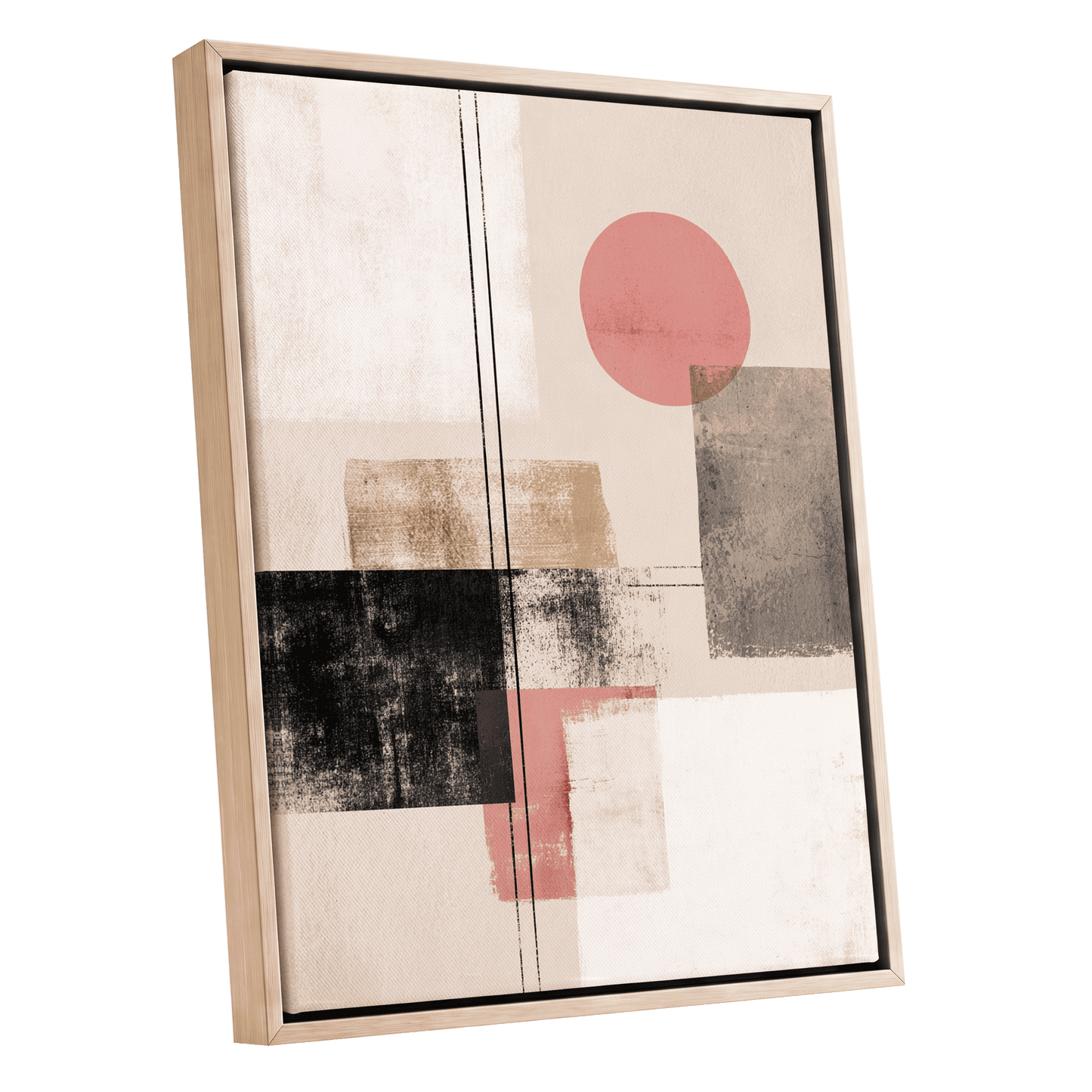 Blush Meridian, beige, pink, black abstract wall art shown as a oak framed canvas wall art