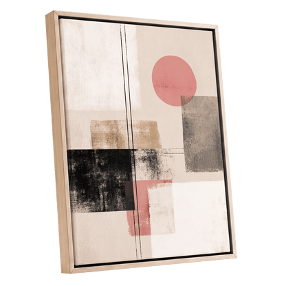 Blush Meridian, beige, pink, black abstract wall art shown as a oak framed canvas wall art