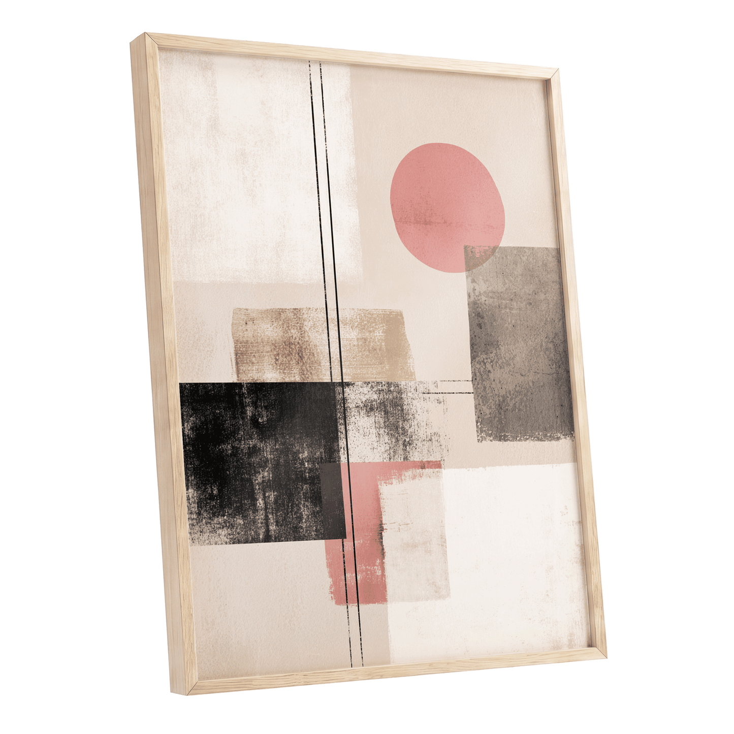 Blush Meridian, beige, pink, black abstract wall art shown as a oak framed poster wall art print
