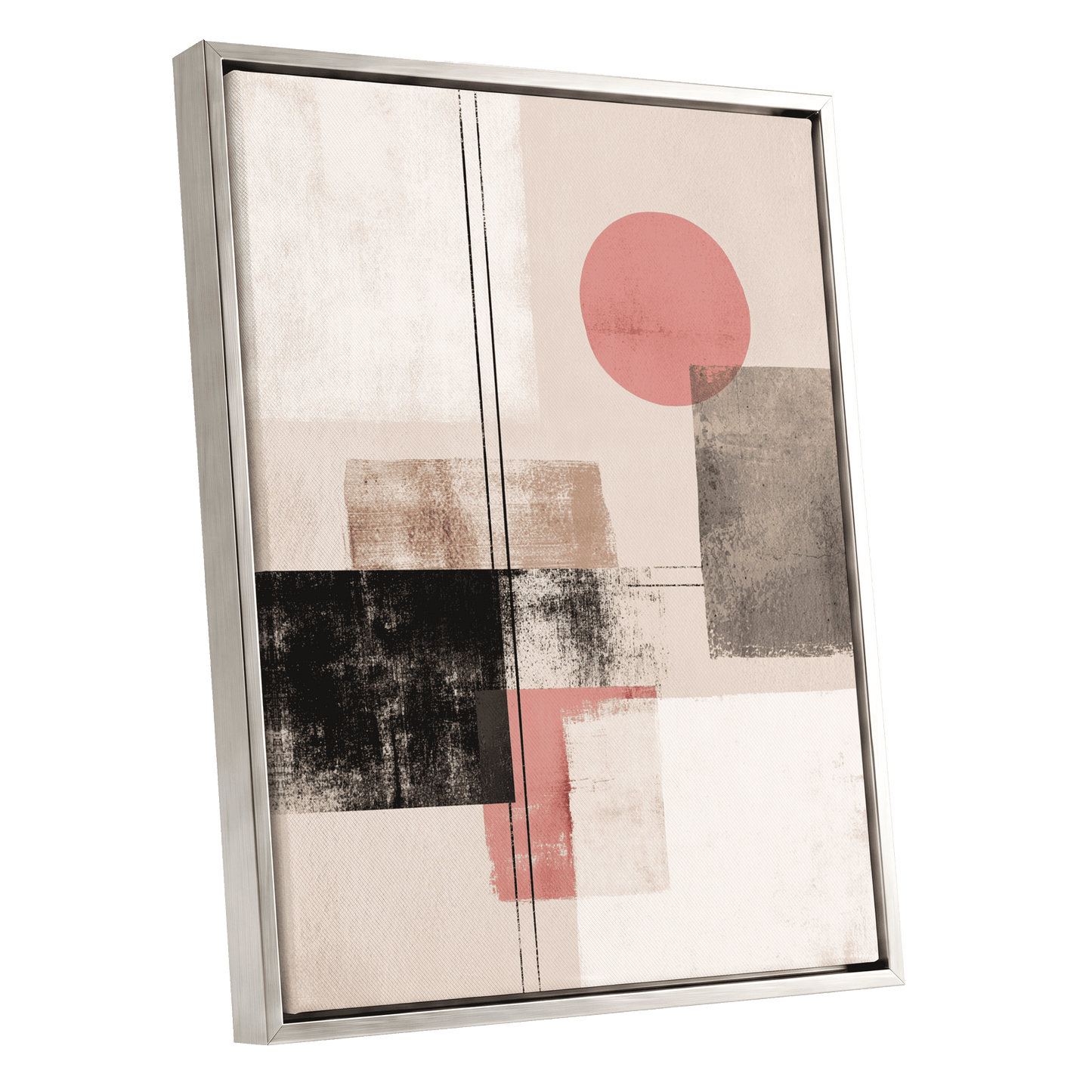 Blush Meridian, beige, pink, black abstract wall art shown as a silver framed canvas wall art