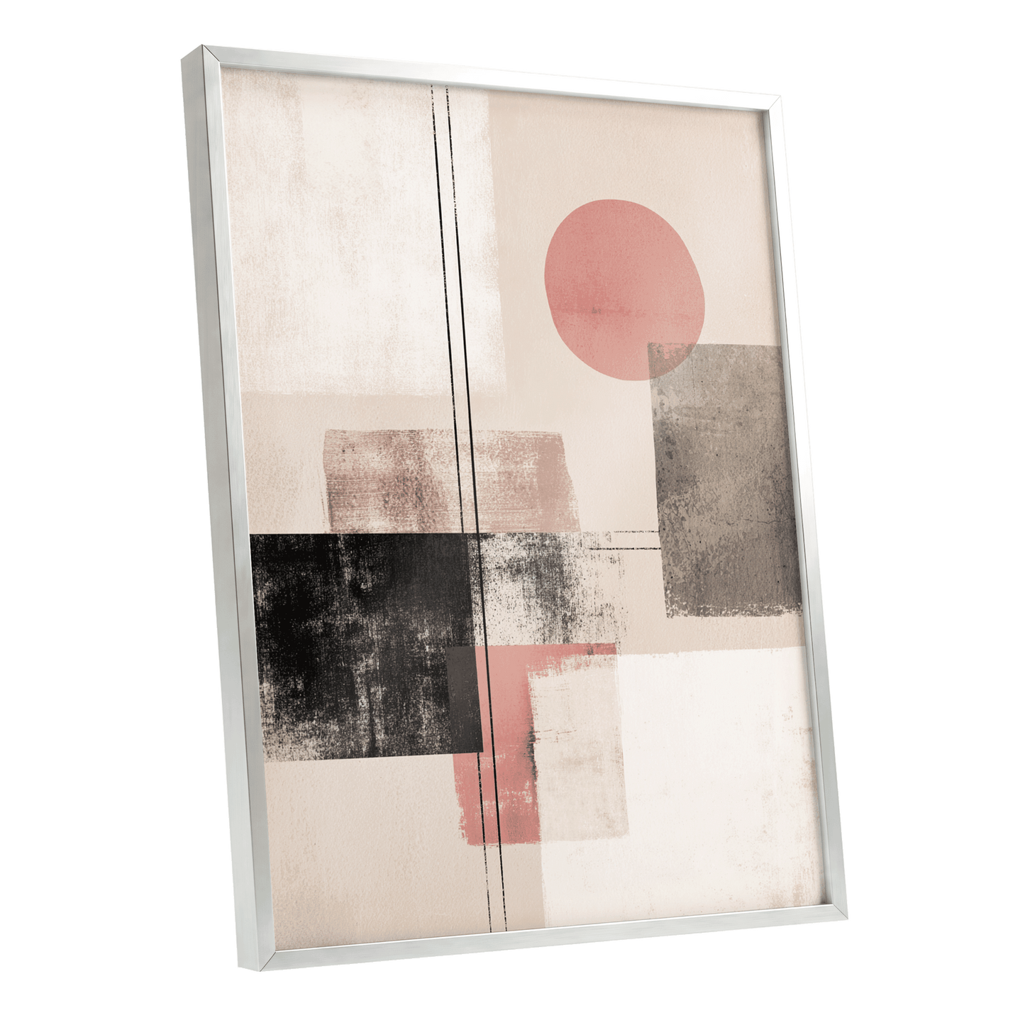 Blush Meridian, beige, pink, black abstract wall art shown as a silver framed poster wall art print
