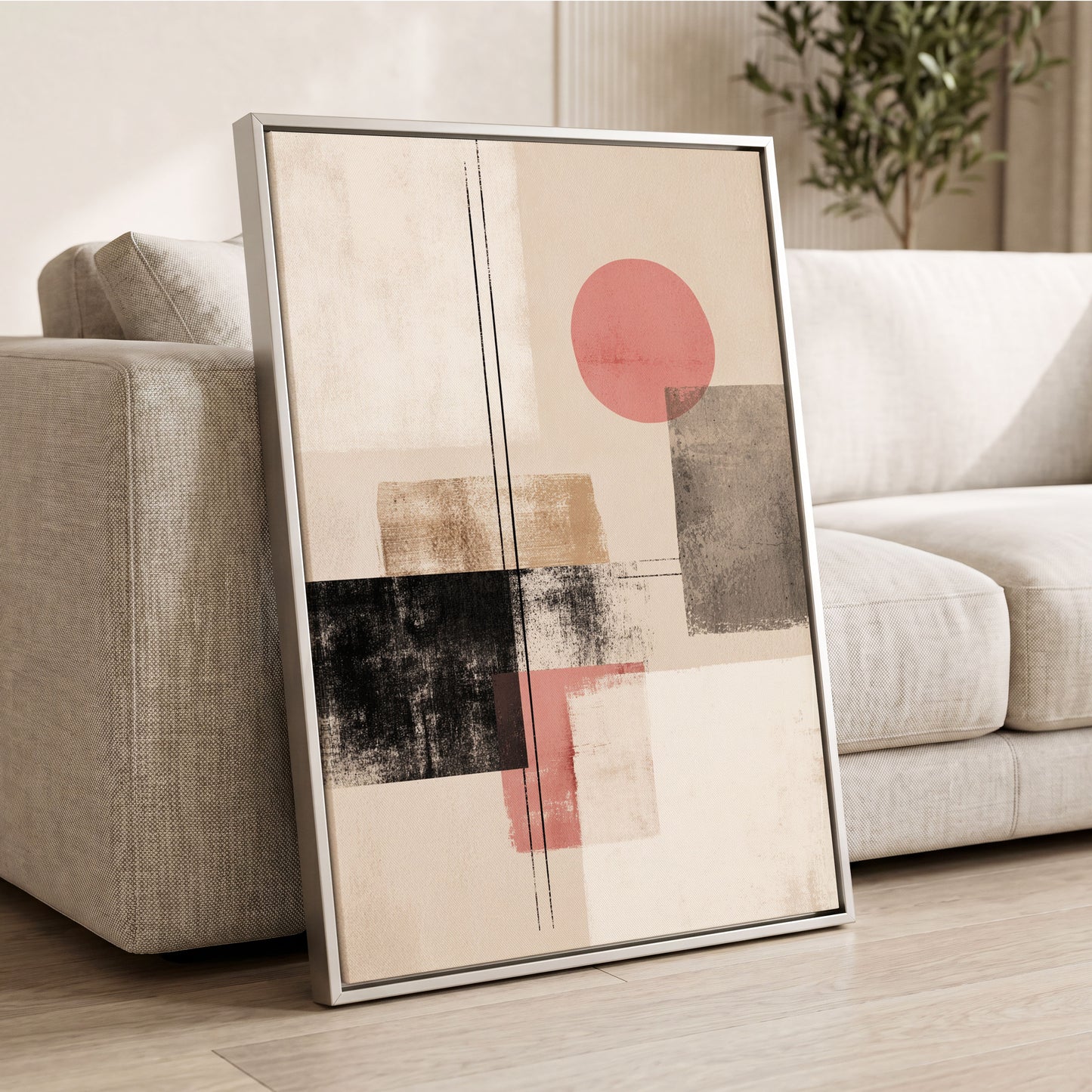 Blush Meridian, beige, pink, black abstract wall art displayed in a styled interior, gallery view 2