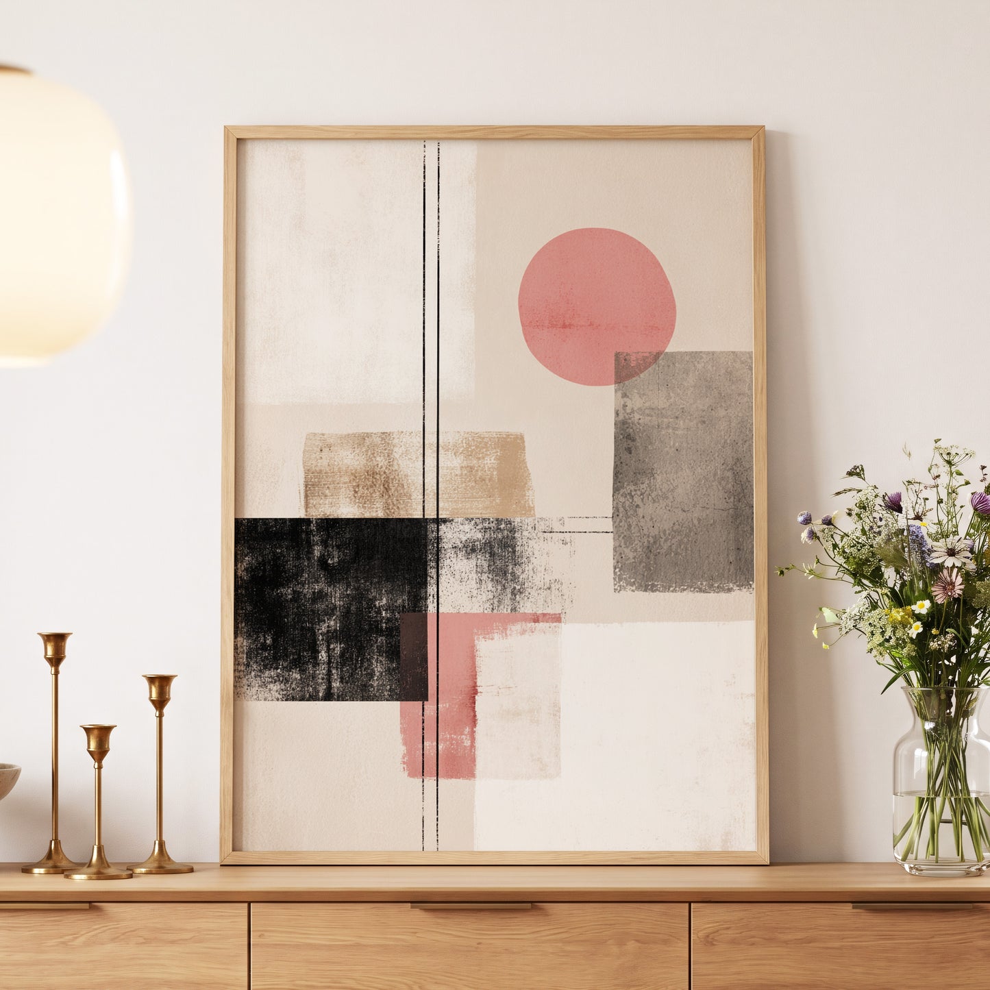 Blush Meridian, beige, pink, black abstract wall art displayed in a styled interior, gallery view 5