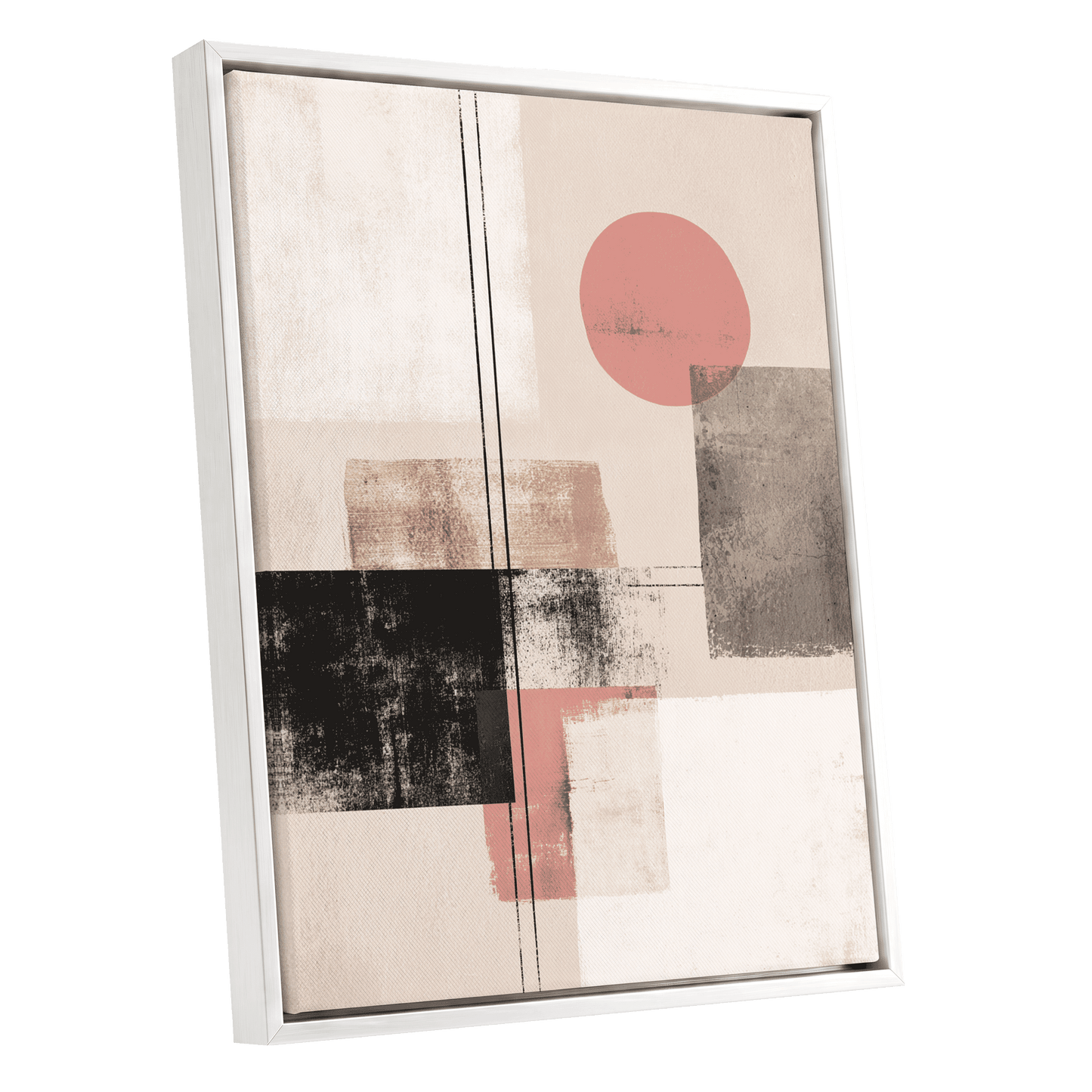 Blush Meridian, beige, pink, black abstract wall art shown as a white framed canvas wall art