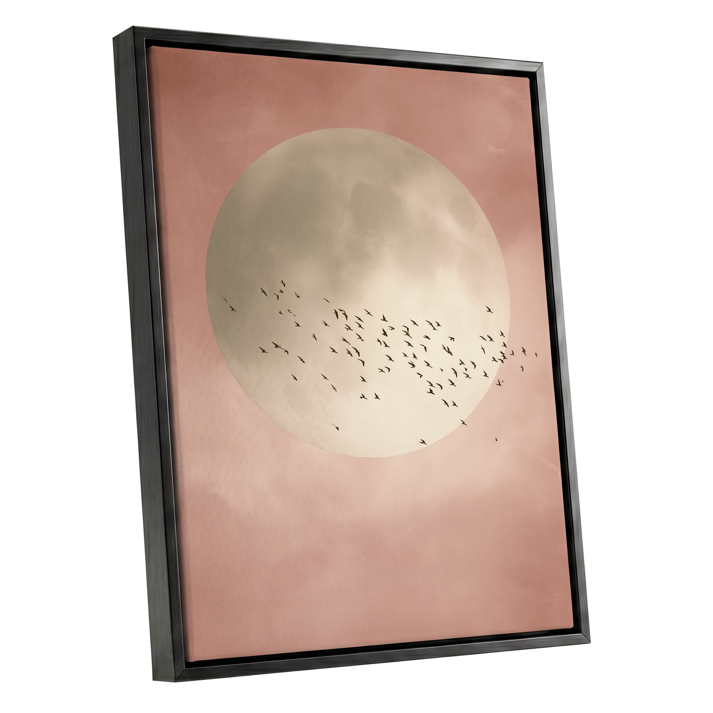 Blush Moon Migration, pink, beige, black nature wall art shown as a black framed canvas wall art