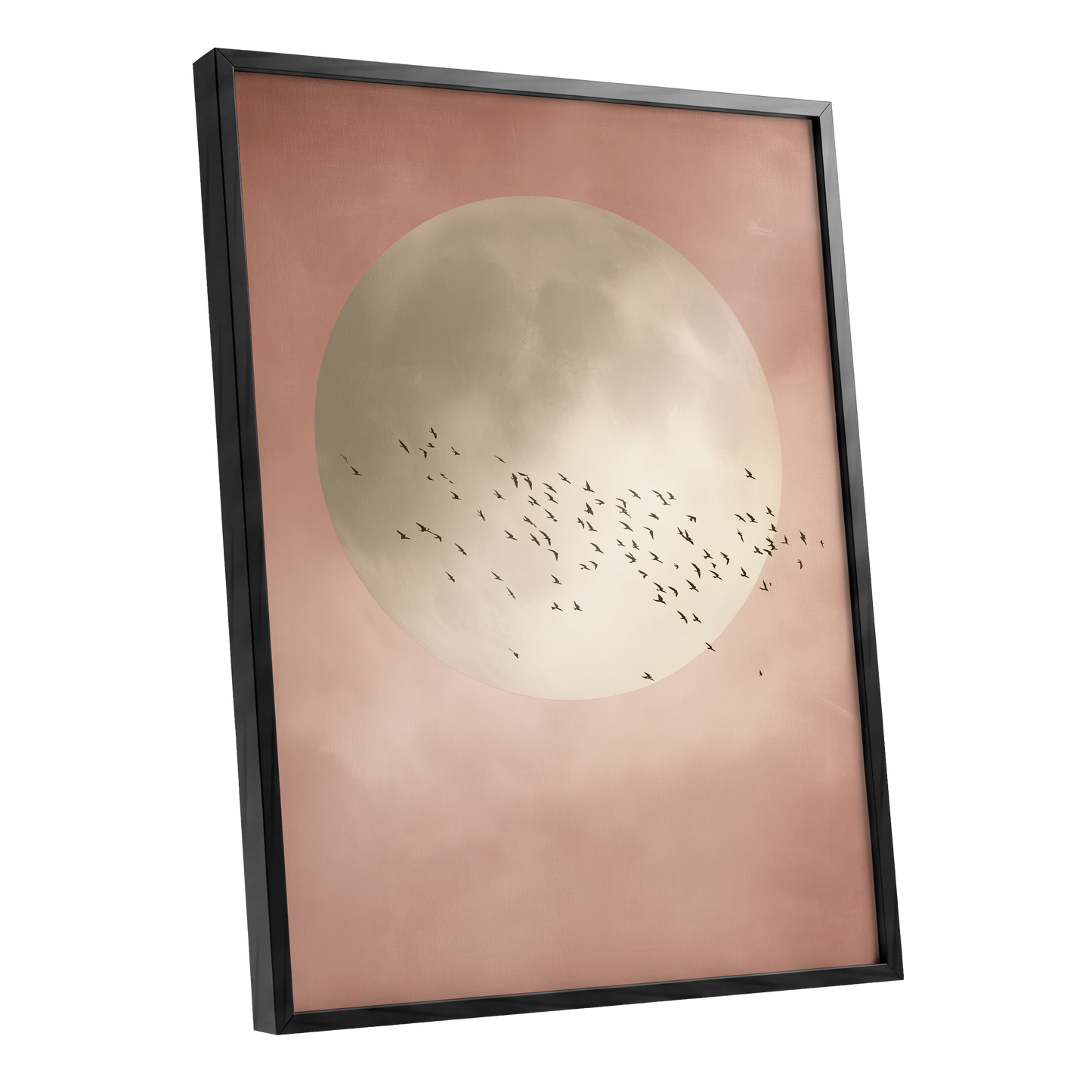 Blush Moon Migration, pink, beige, black nature wall art shown as a black framed poster wall art print