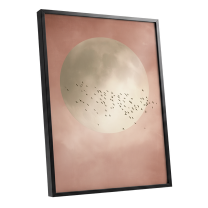 Blush Moon Migration, pink, beige, black nature wall art shown as a black framed poster wall art print