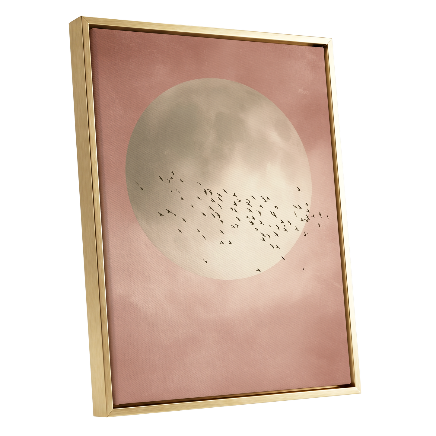 Blush Moon Migration, pink, beige, black nature wall art shown as a gold framed canvas wall art