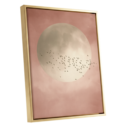 Blush Moon Migration, pink, beige, black nature wall art shown as a gold framed canvas wall art