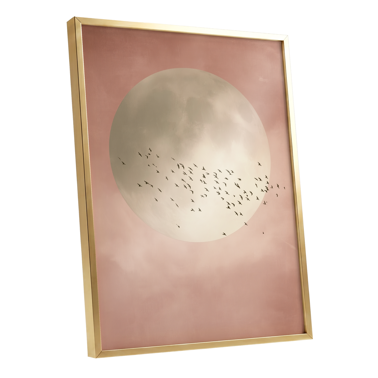 Blush Moon Migration, pink, beige, black nature wall art shown as a gold framed poster wall art print