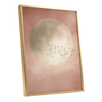 Blush Moon Migration, pink, beige, black nature wall art shown as a gold framed poster wall art print