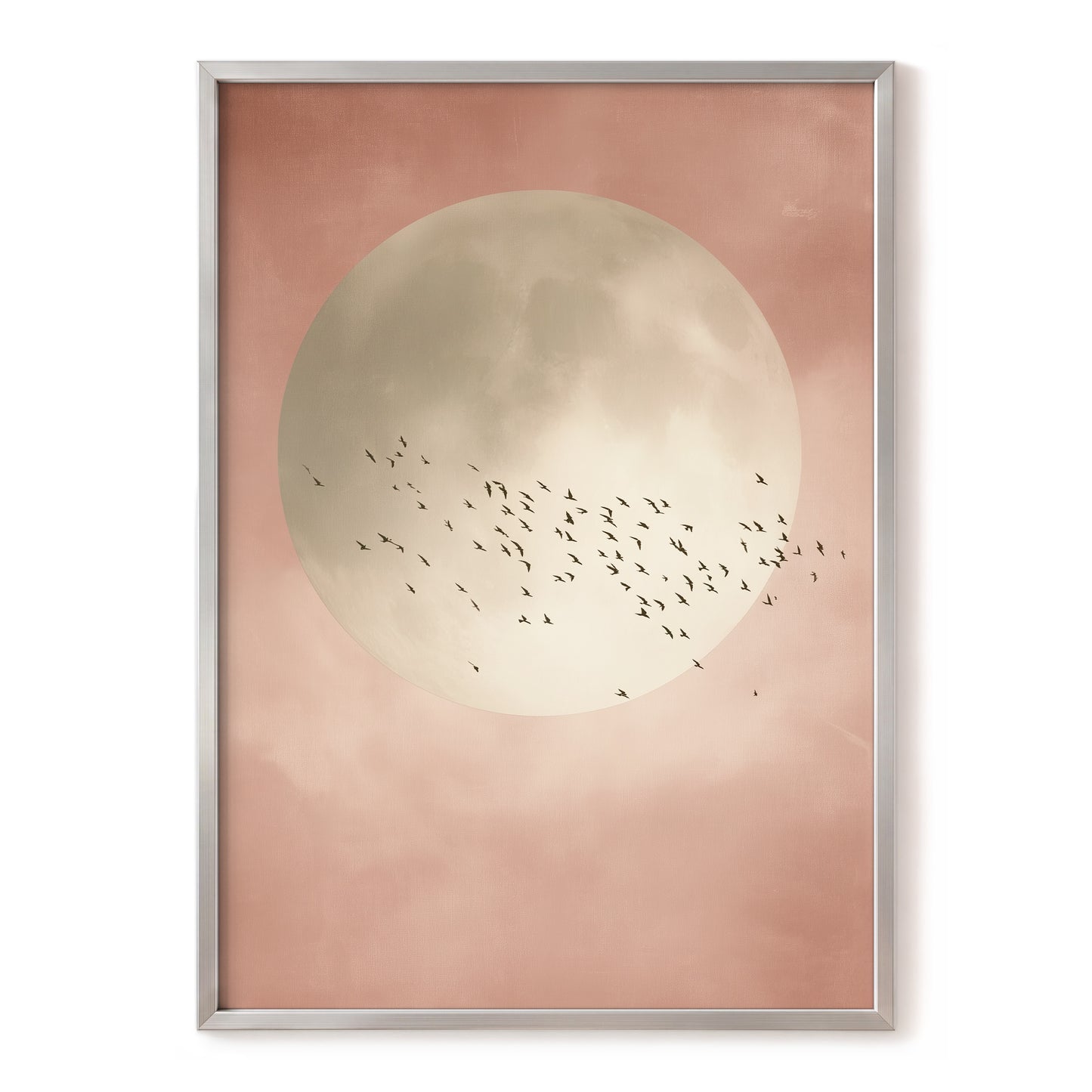 Blush Moon Migration, pink, beige, black nature wall art, front artwork view