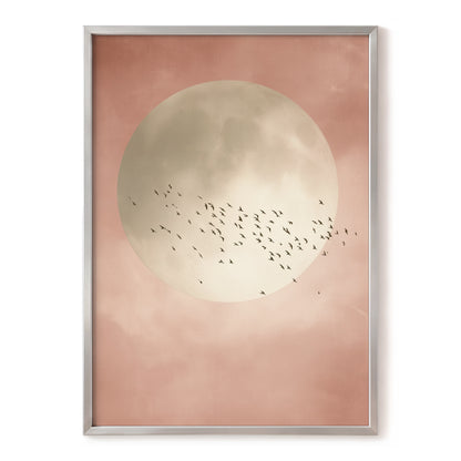 Blush Moon Migration, pink, beige, black nature wall art, front artwork view