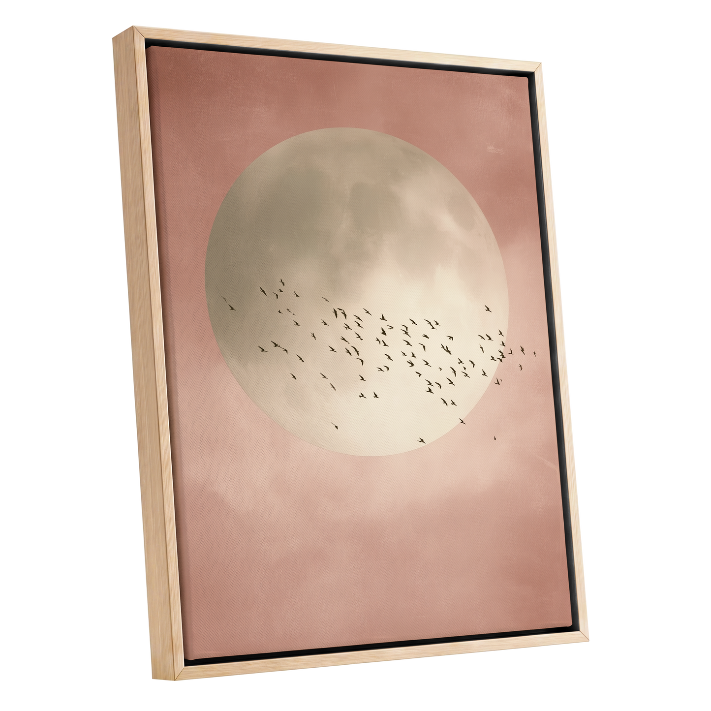 Blush Moon Migration, pink, beige, black nature wall art shown as a oak framed canvas wall art