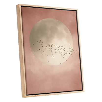 Blush Moon Migration, pink, beige, black nature wall art shown as a oak framed canvas wall art