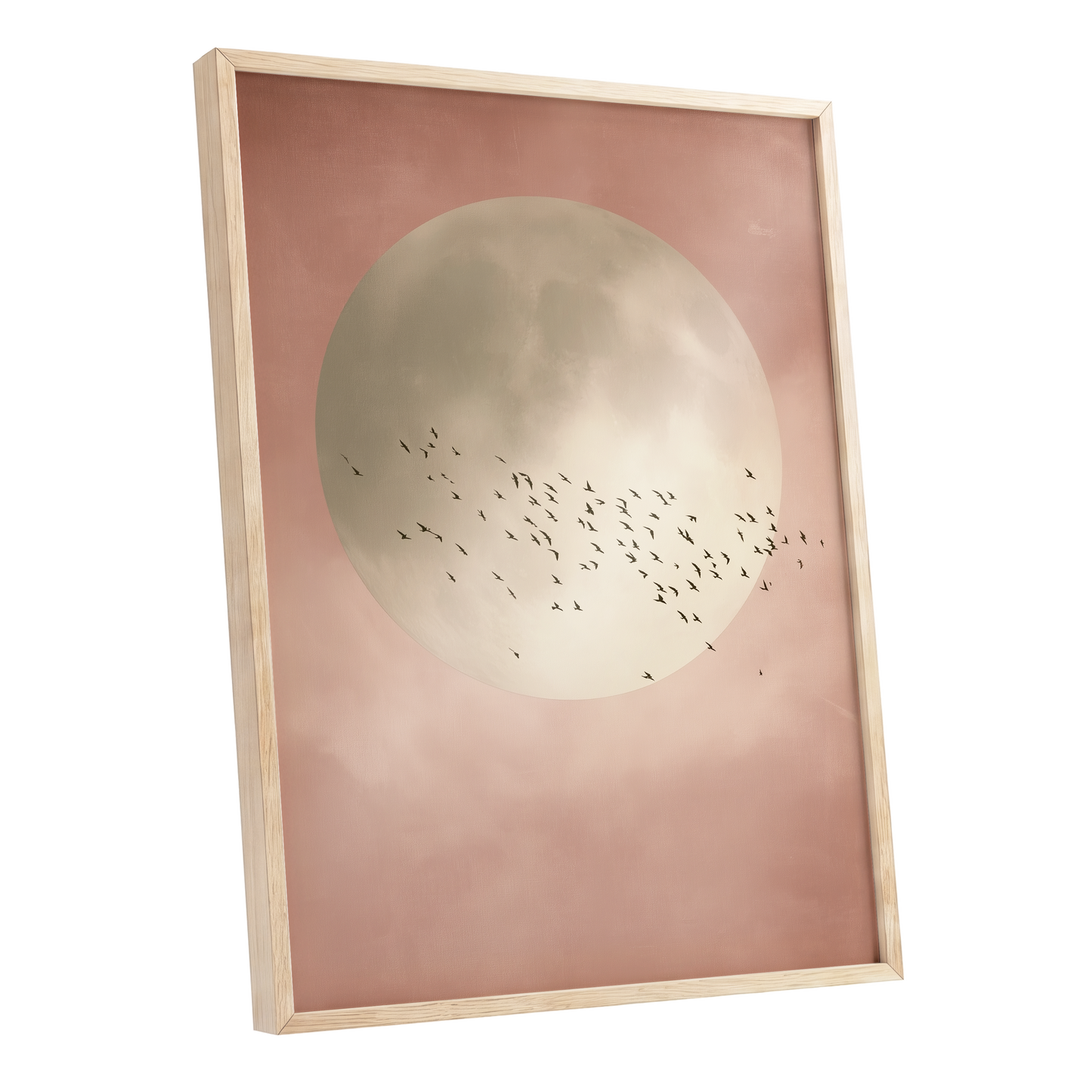 Blush Moon Migration, pink, beige, black nature wall art shown as a oak framed poster wall art print