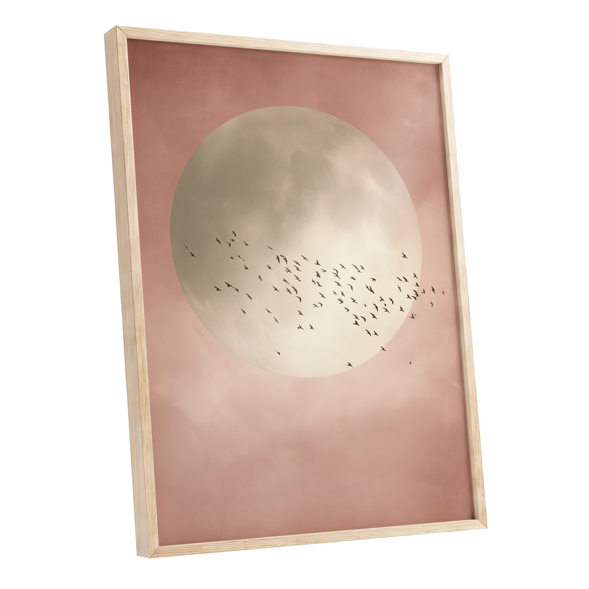 Blush Moon Migration, pink, beige, black nature wall art shown as a oak framed poster wall art print