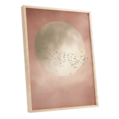 Blush Moon Migration, pink, beige, black nature wall art shown as a oak framed poster wall art print