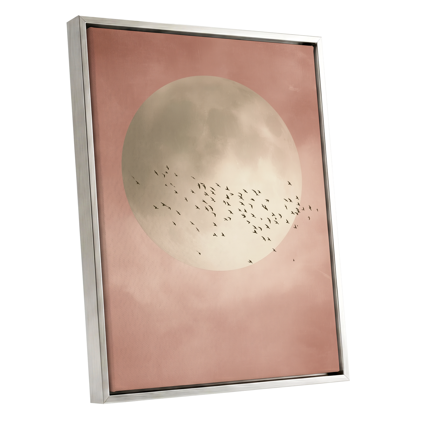 Blush Moon Migration, pink, beige, black nature wall art shown as a silver framed canvas wall art