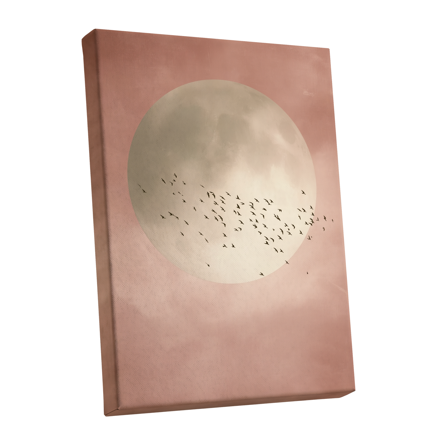 Blush Moon Migration, pink, beige, black nature wall art shown as a stretched canvas wall art