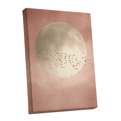 Blush Moon Migration, pink, beige, black nature wall art shown as a stretched canvas wall art