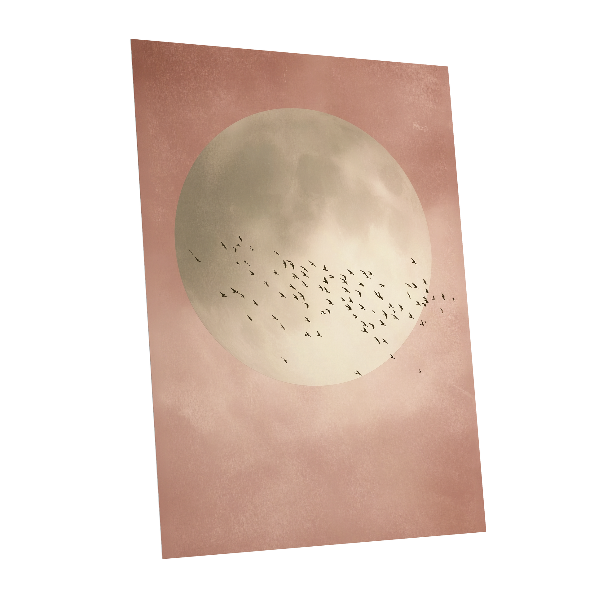 Blush Moon Migration, pink, beige, black nature wall art shown as a unframed poster wall art print