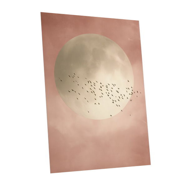 Blush Moon Migration, pink, beige, black nature wall art shown as a unframed poster wall art print
