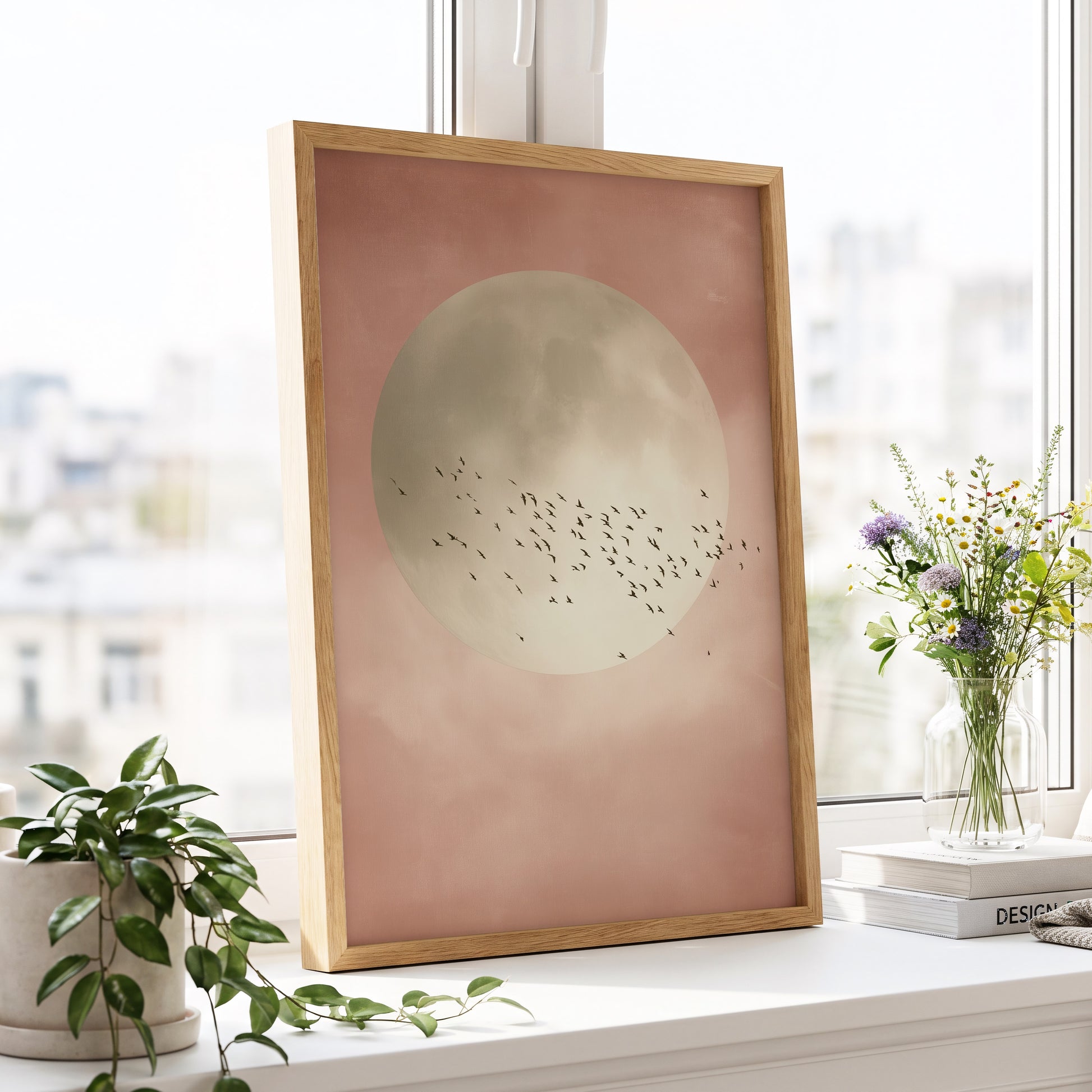 Blush Moon Migration, pink, beige, black nature wall art displayed in a styled interior, gallery view 2