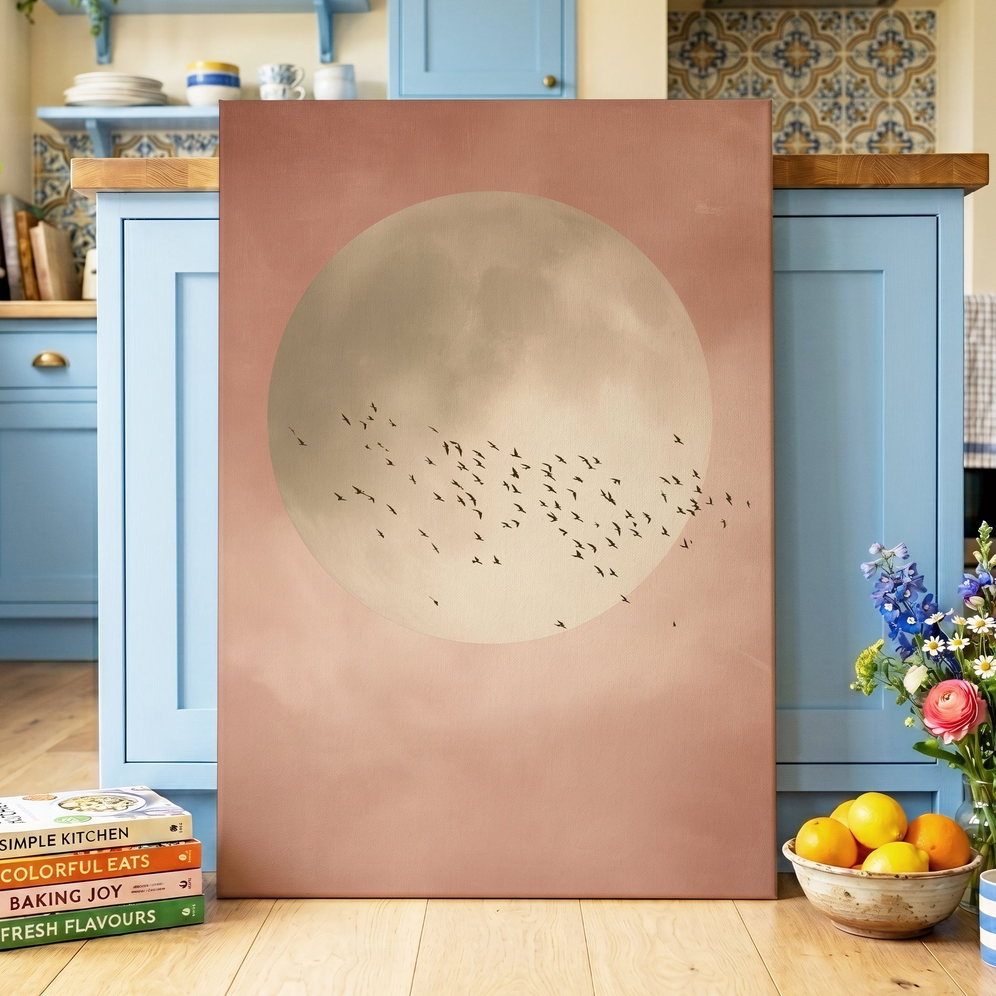 Blush Moon Migration, pink, beige, black nature wall art displayed in a styled interior, gallery view 3